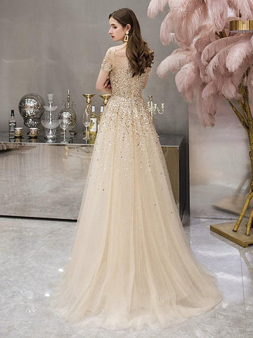 Gold Evening Dress High Elegant Party Long Evening Gown - numbersea