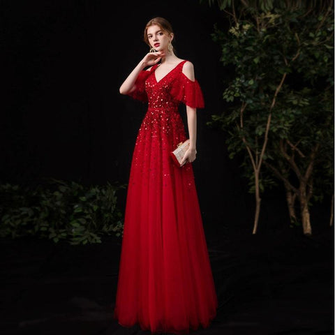 Women's V-Neck Evening Dress Sexy Prom Dresses Beaded Formal Dresses for Women - numbersea