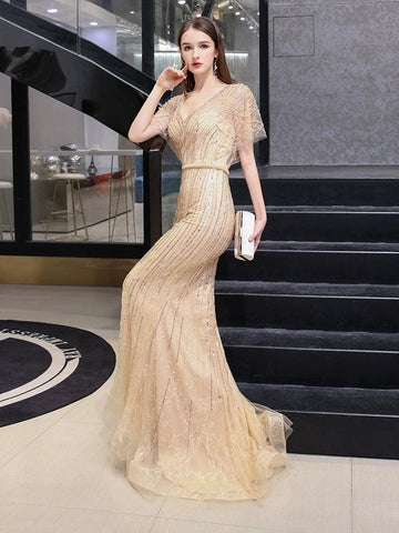 Women's Mermaid Evening Dress Long V-Neck Prom Dresses Beaded Formal Dresses - numbersea