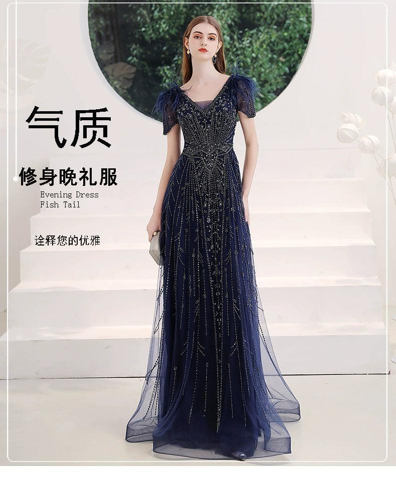 V-Neck Evening Dress Sexy Prom Dresses Beaded Formal Dresses for Women - numbersea