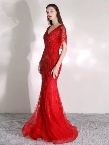 Women's Mermaid Evening Dress Long Sexy Prom Dresses Beaded V-Neck Formal Dresses - numbersea