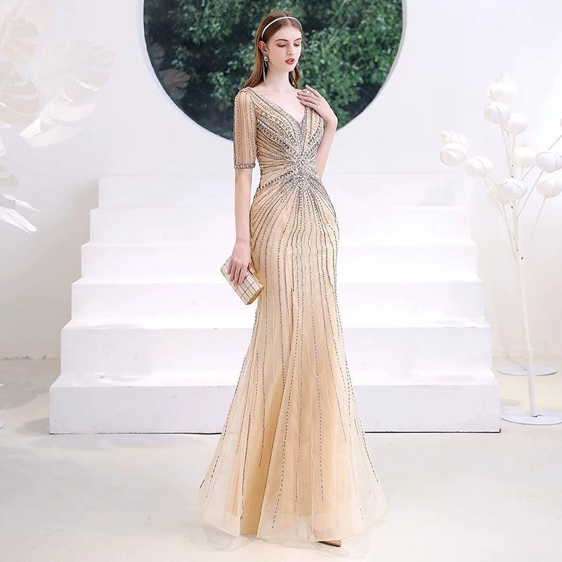 Women's Mermaid Evening Dress Long V-Neck Prom Dresses Beaded Formal Dresses - numbersea
