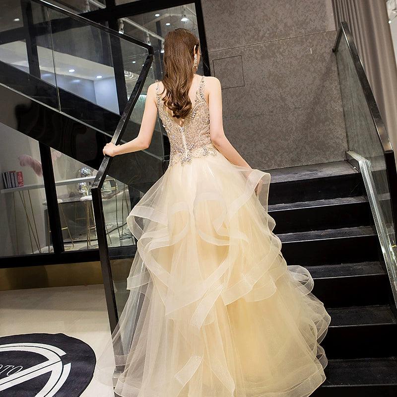 Women's Ball Gown Evening Dress Long Formal Dresses Sleeveless Beaded Wedding Dresses - numbersea