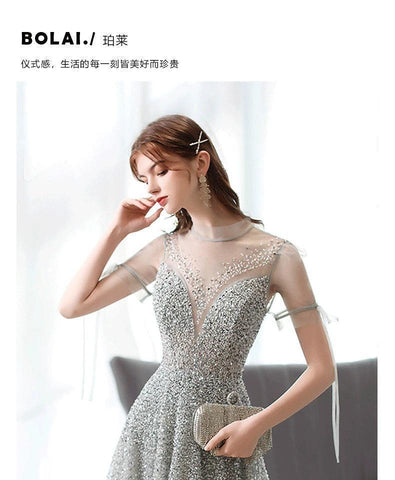 Women's A-Line Evening Dress Sexy Prom Dresses Beaded Formal Dresses for Women - numbersea