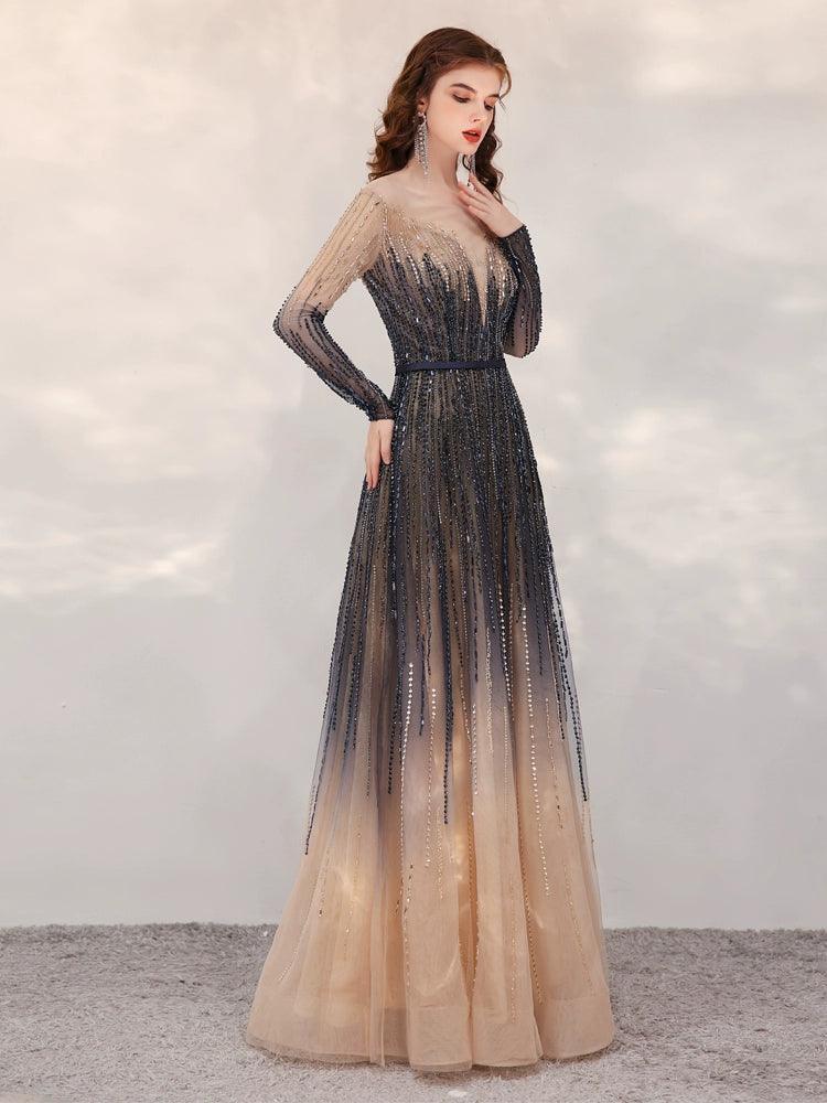 A-Line Prom Dresses Sexy Party Dress Long Sleeve Evening Dress Beaded Formal Dresses for Women - numbersea