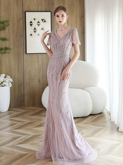Women's Mermaid Evening Dress Sexy V-Neck Prom Dresses for Women Long Beaded Formal Dresses - numbersea