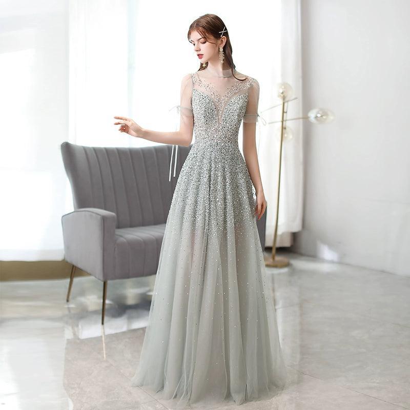 Women's A-Line Evening Dress Sexy Prom Dresses Beaded Formal Dresses for Women - numbersea
