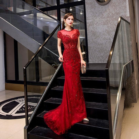 Women's Mermaid Evening Dress Sexy Lace Prom Dresses for Women Beaded Formal Dresses - numbersea