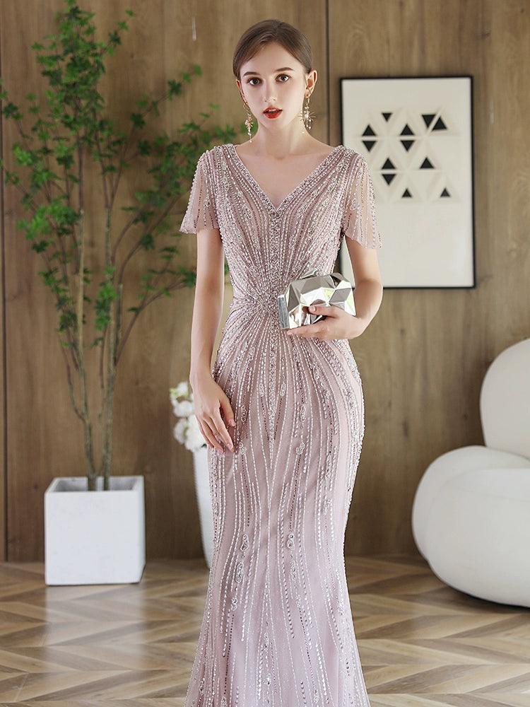 Women's Mermaid Evening Dress Sexy V-Neck Prom Dresses for Women Long Beaded Formal Dresses - numbersea