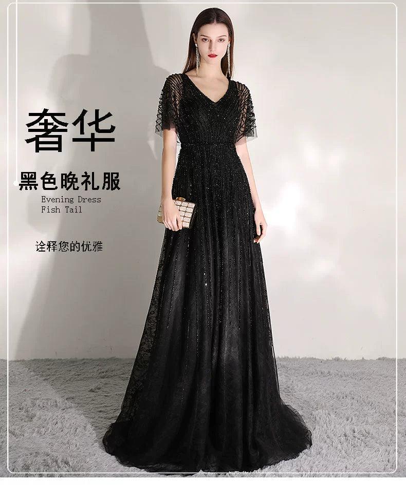 Women's A-Line Evening Dress Sexy Prom Dresses Beaded V-Neck Formal Dresses for Women - numbersea