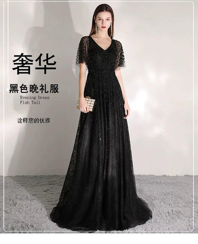 Women's A-Line Evening Dress Sexy Prom Dresses Beaded V-Neck Formal Dresses for Women - numbersea