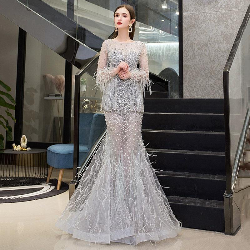 Women's Mermaid Evening Dress Long V-Neck Prom Dresses Beaded Formal Dresses - numbersea