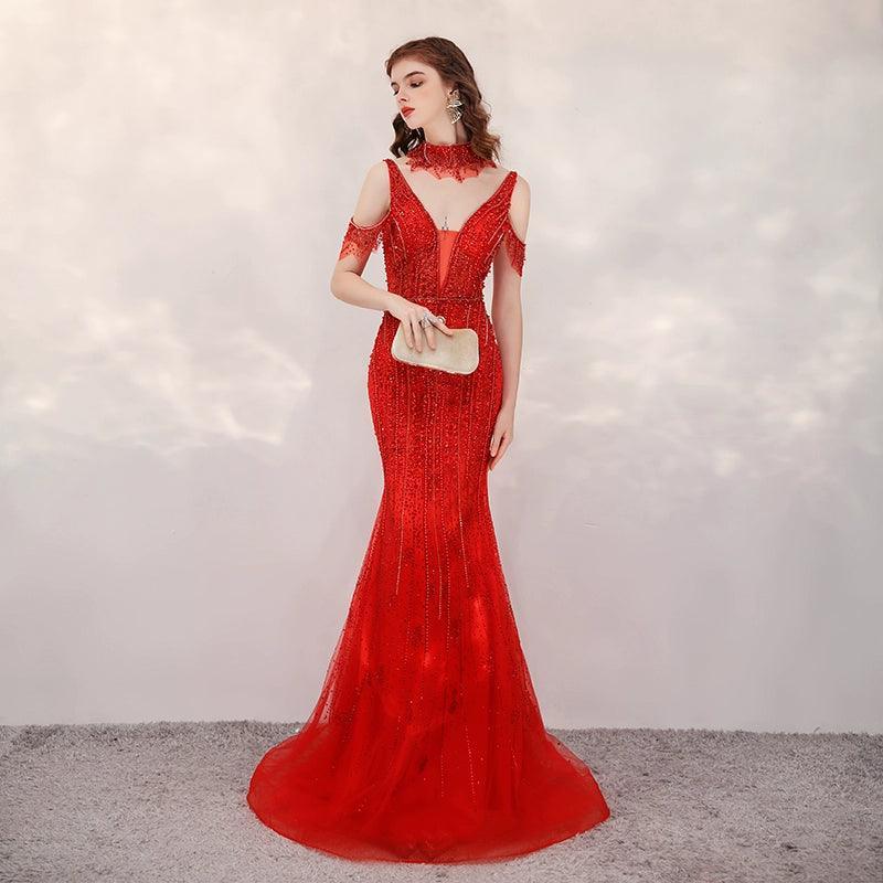 Women's Mermaid Evening Dress Long Prom Dresses Beaded Formal Dresses - numbersea