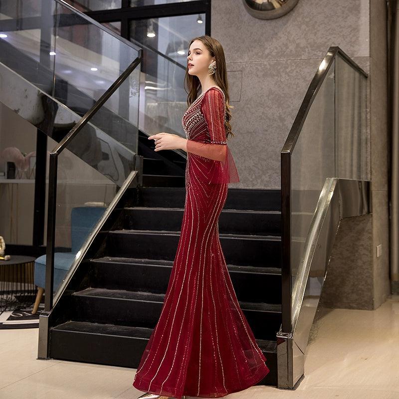Women's Mermaid Evening Dress Long V-Neck Prom Dresses Beaded Formal Dresses - numbersea
