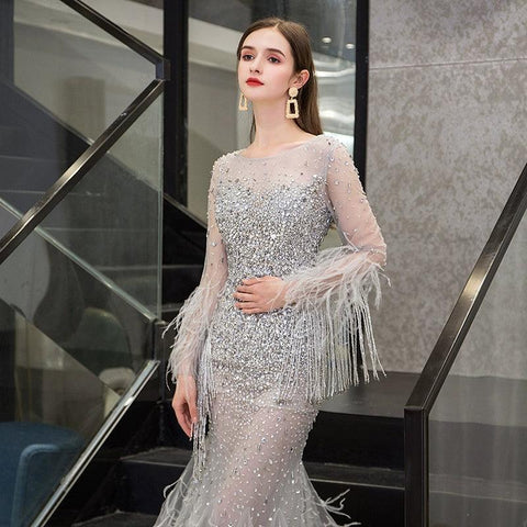 Women's Mermaid Evening Dress Long V-Neck Prom Dresses Beaded Formal Dresses - numbersea