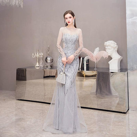 Women's Mermaid Evening Dress Long Prom Dresses Beaded Formal Dresses for Women - numbersea