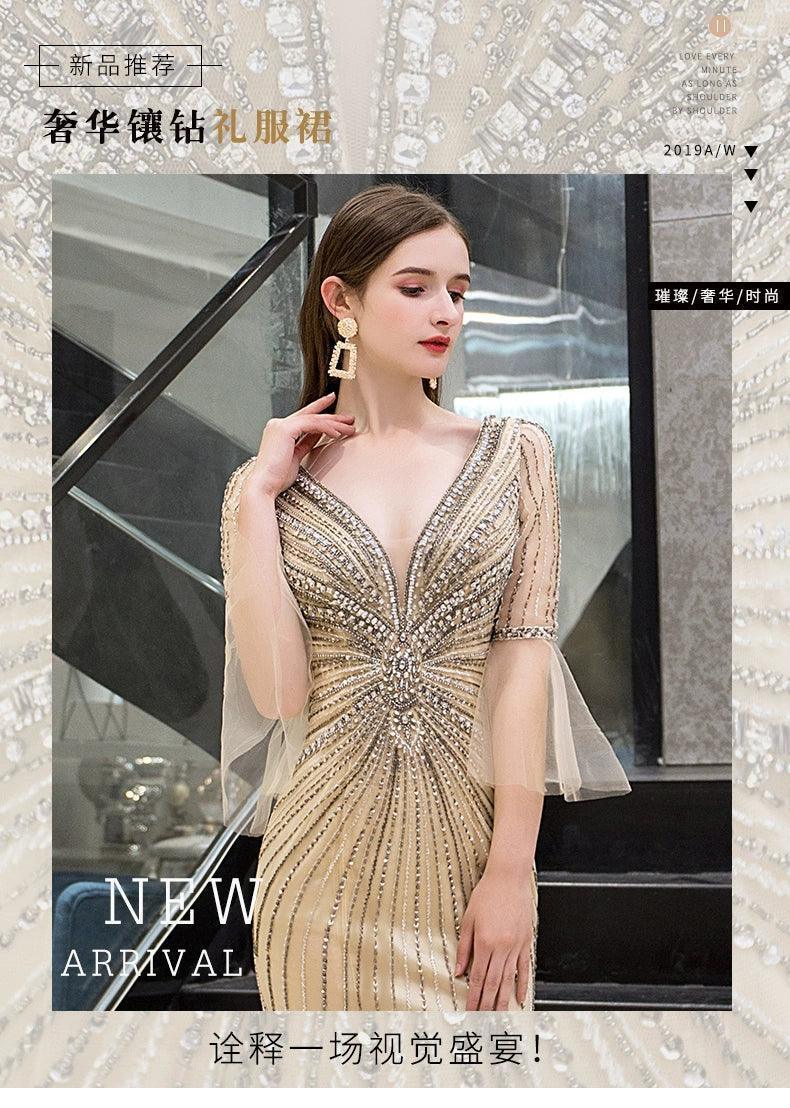 Women's Mermaid Evening Dress V-Neck Prom Dresses Beaded Formal Dresses for Women - numbersea