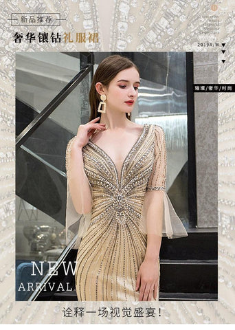 Women's Mermaid Evening Dress V-Neck Prom Dresses Beaded Formal Dresses for Women - numbersea