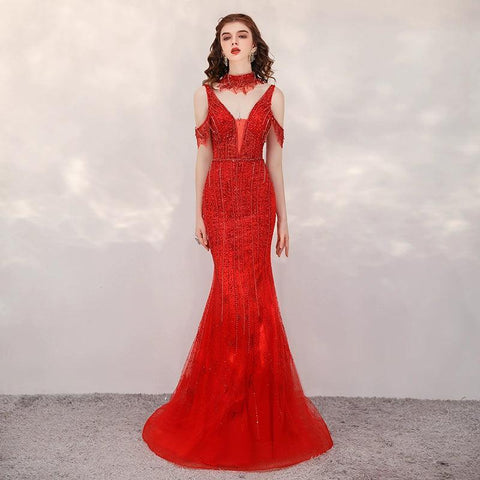 Women's Mermaid Evening Dress Long Prom Dresses Beaded Formal Dresses - numbersea
