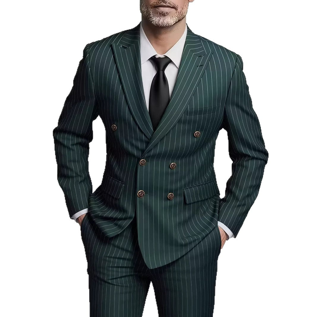 Popular light luxury striped double-breasted suit, two-piece set, barred collar slim version, four-color versatile men's suit