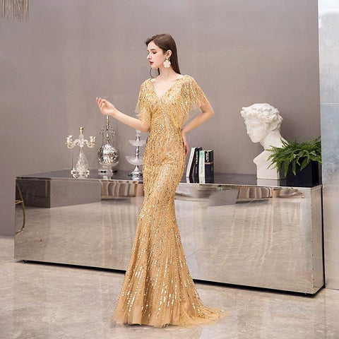 Women's V-Neck Evening Dress Sexy Prom Dresses Beaded Formal Dresses for Women - numbersea