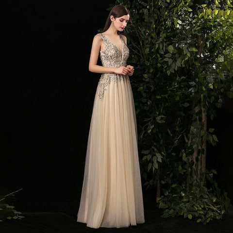 Women's A-Line Evening Dress Sexy Prom Dresses Sleeveless Beaded V-Neck Formal Dresses - numbersea
