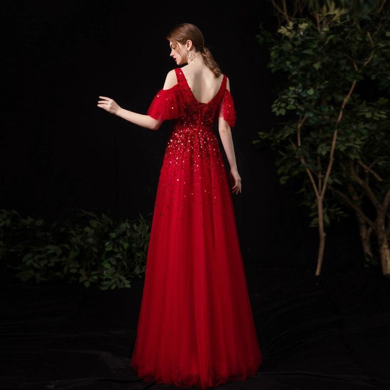 Women's V-Neck Evening Dress Sexy Prom Dresses Beaded Formal Dresses for Women - numbersea