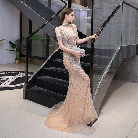 Mermaid Evening Dress Beaded Sexy Prom Dresses Sleeveless Formal Dress for Women - numbersea