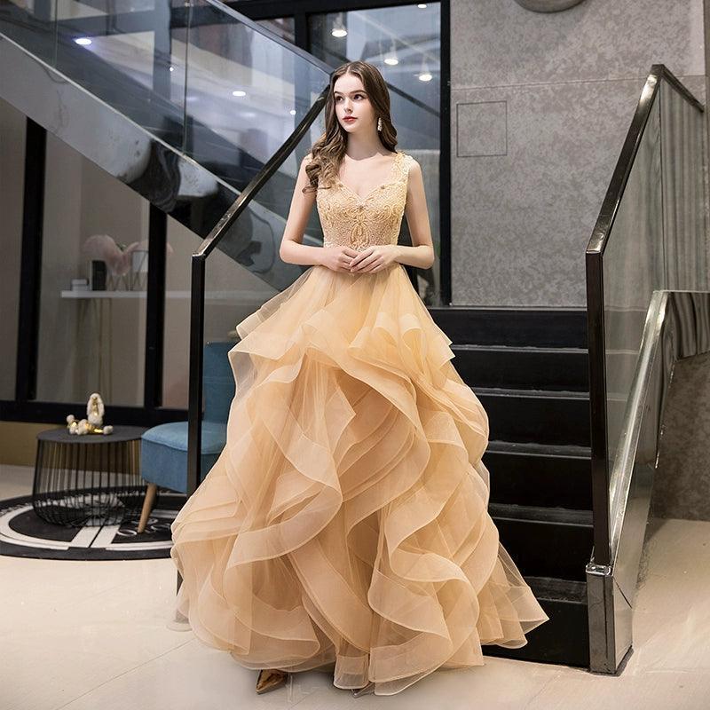 Women's Ball Gown Evening Dress Long Formal Dresses Sleeveless Beaded Wedding Dresses - numbersea