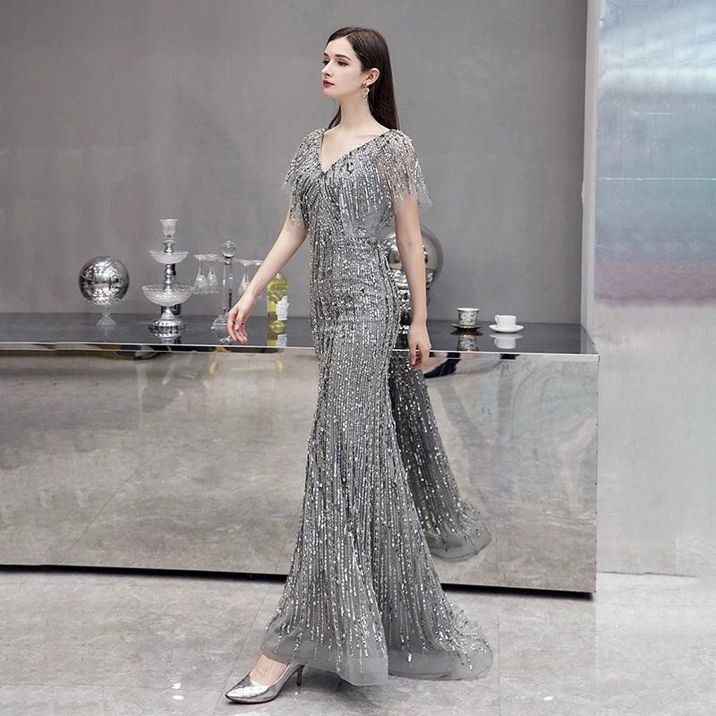 Women's Mermaid Sexy Evening Dress Long Formal Dresses Beaded V-Neck Prom Dresses for Women - numbersea