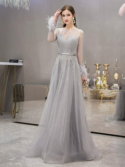 Women's A-Line Evening Dress Beaded Prom Dresses Long Formal Dresses for Women - numbersea