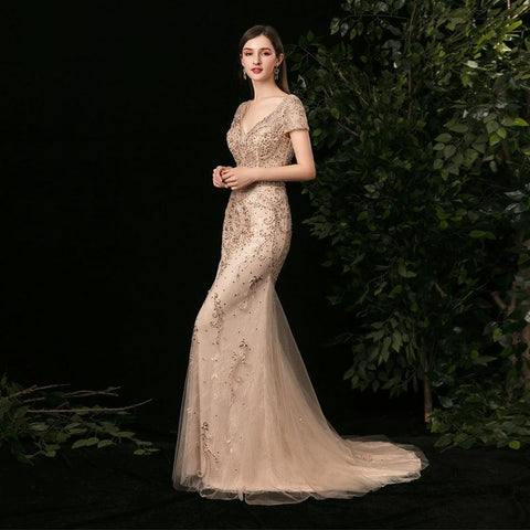 Women's Mermaid Evening Dress Long V-Neck Prom Dresses Beaded Formal Dresses - numbersea