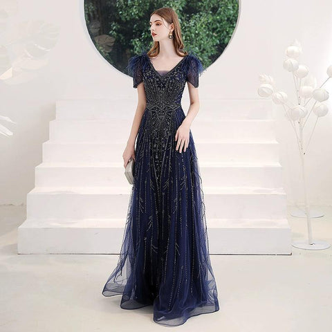 V-Neck Evening Dress Sexy Prom Dresses Beaded Formal Dresses for Women - numbersea