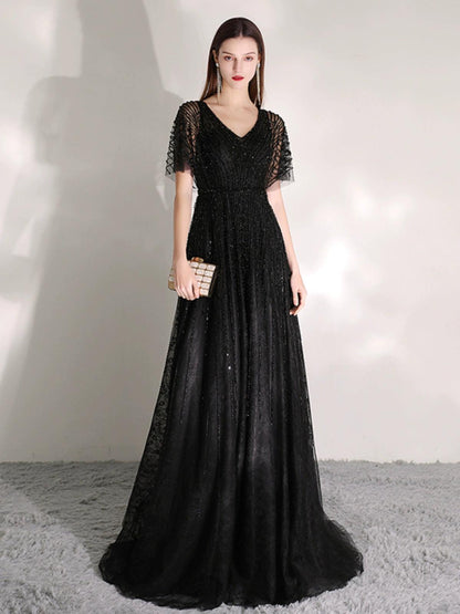 Women's A-Line Evening Dress Sexy Prom Dresses Beaded V-Neck Formal Dresses for Women - numbersea