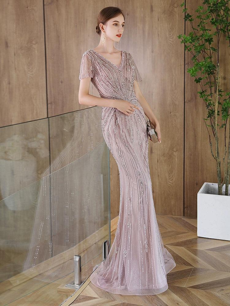 Women's Mermaid Evening Dress Sexy V-Neck Prom Dresses for Women Long Beaded Formal Dresses - numbersea