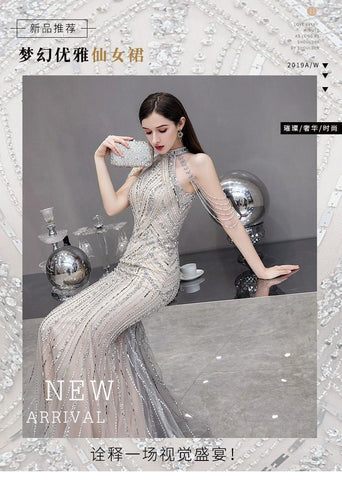 Mermaid Prom Dresses Sleeveless Evening Dress Beaded Sexy Formal Dress for Women - numbersea