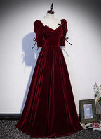 Vestido de fiesta largo de corte A con mangas cortas en color rojo vino, vestido de dama de honor en color rojo vino