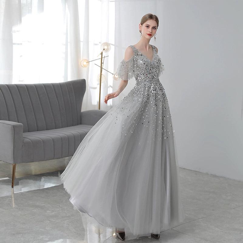 Women's A-Line Evening Dress Sexy Prom Dresses for Women V-Neck Beaded Formal Dresses - numbersea