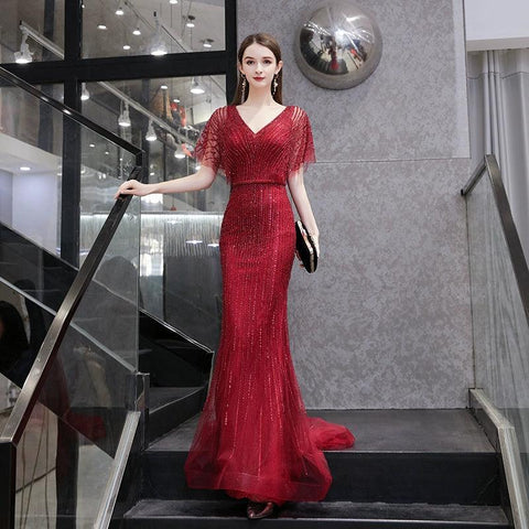 Women's Mermaid Evening Dress V-Neck Prom Dresses Long Beaded Formal Dresses for Women - numbersea