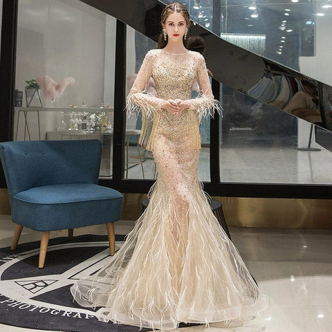 Women's Mermaid Evening Dress Long V-Neck Prom Dresses Beaded Formal Dresses - numbersea