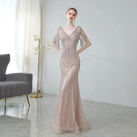 Women's Mermaid Evening Dress Long Prom Dresses for Women V-Neck Beaded Formal Dresses - numbersea