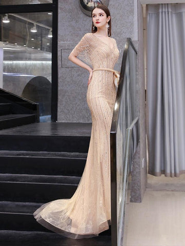 Women's Mermaid Evening Dress Long V-Neck Prom Dresses Beaded Formal Dresses - numbersea