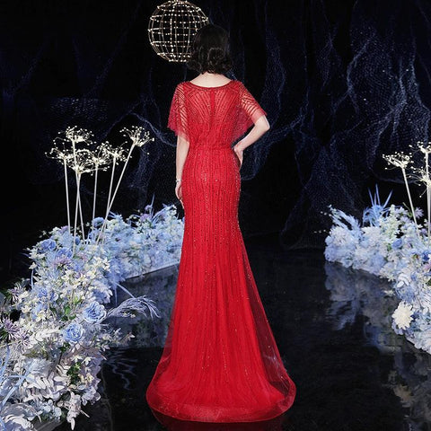 Women's V-Neck Evening Dress Sexy Prom Dresses Beaded Formal Dresses for Women - numbersea