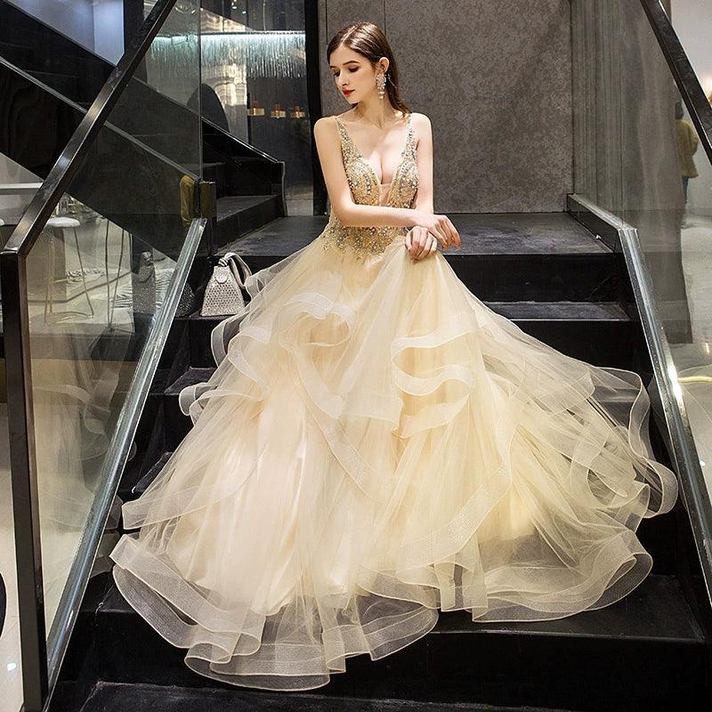 Women's Ball Gown Evening Dress Long Formal Dresses Sleeveless Beaded Wedding Dresses - numbersea