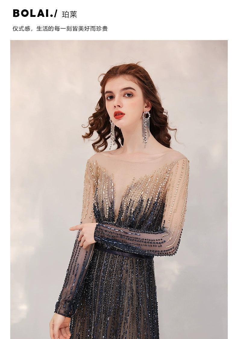 A-Line Prom Dresses Sexy Party Dress Long Sleeve Evening Dress Beaded Formal Dresses for Women - numbersea