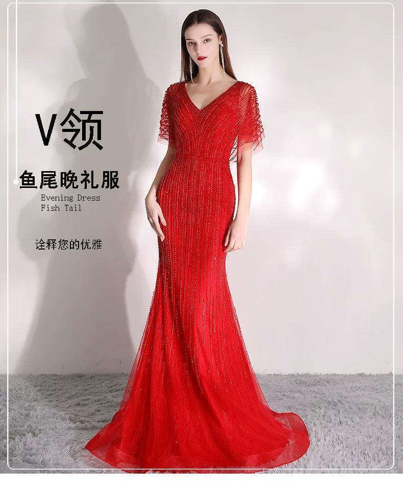 Women's Mermaid Evening Dress Long Sexy Prom Dresses Beaded V-Neck Formal Dresses - numbersea
