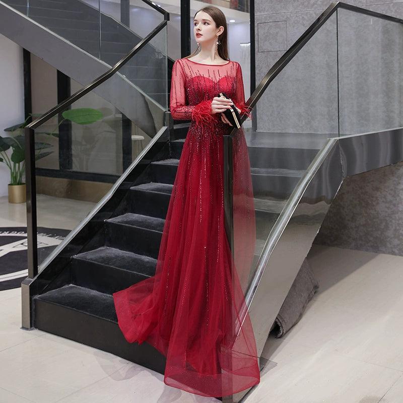 Women's A-Line Evening Dress Sexy Prom Dresses Long Sleeve Beaded V-Neck Formal Dresses - numbersea