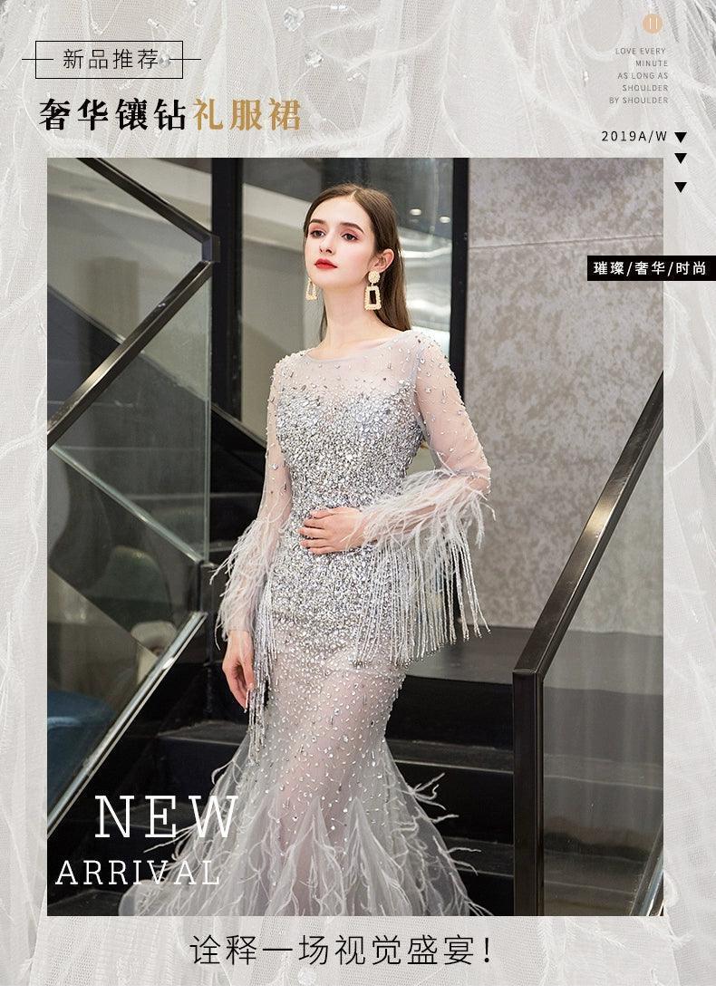 Women's Mermaid Evening Dress Long V-Neck Prom Dresses Beaded Formal Dresses - numbersea