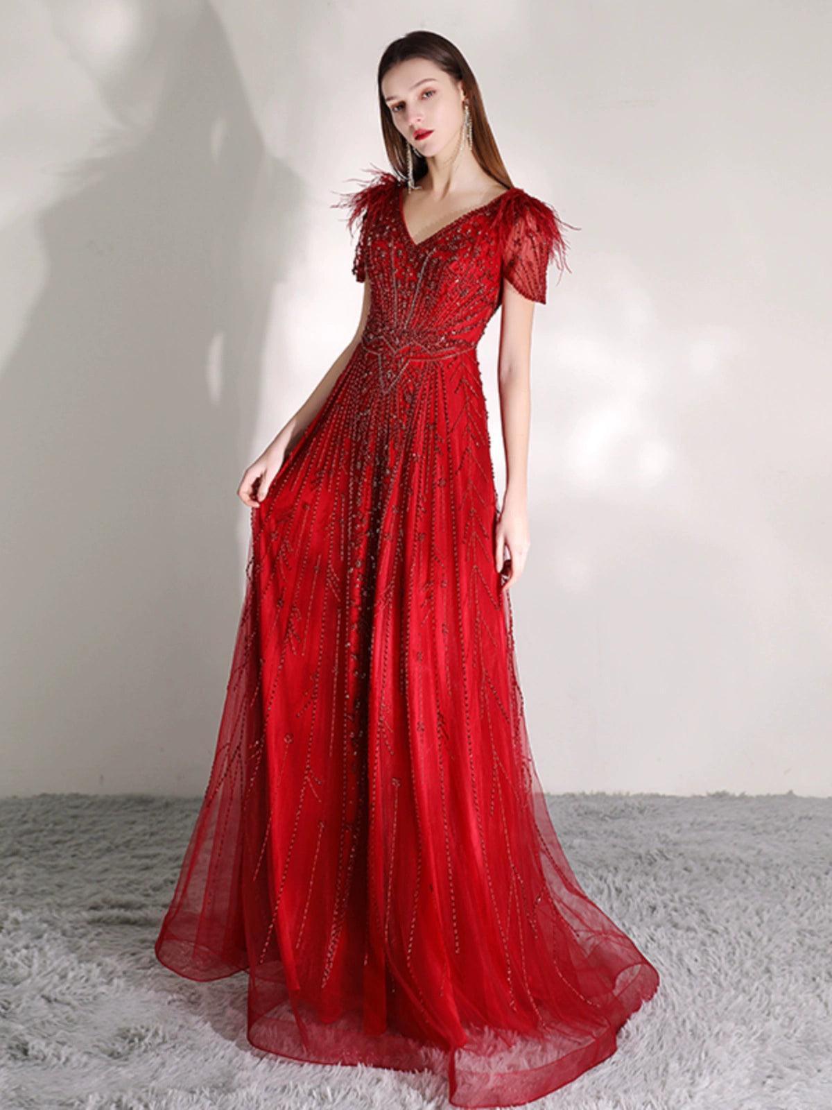 Women's A-Line Prom Dresses Long Evening Dress Beaded V-Neck Formal Dresses for Women - numbersea