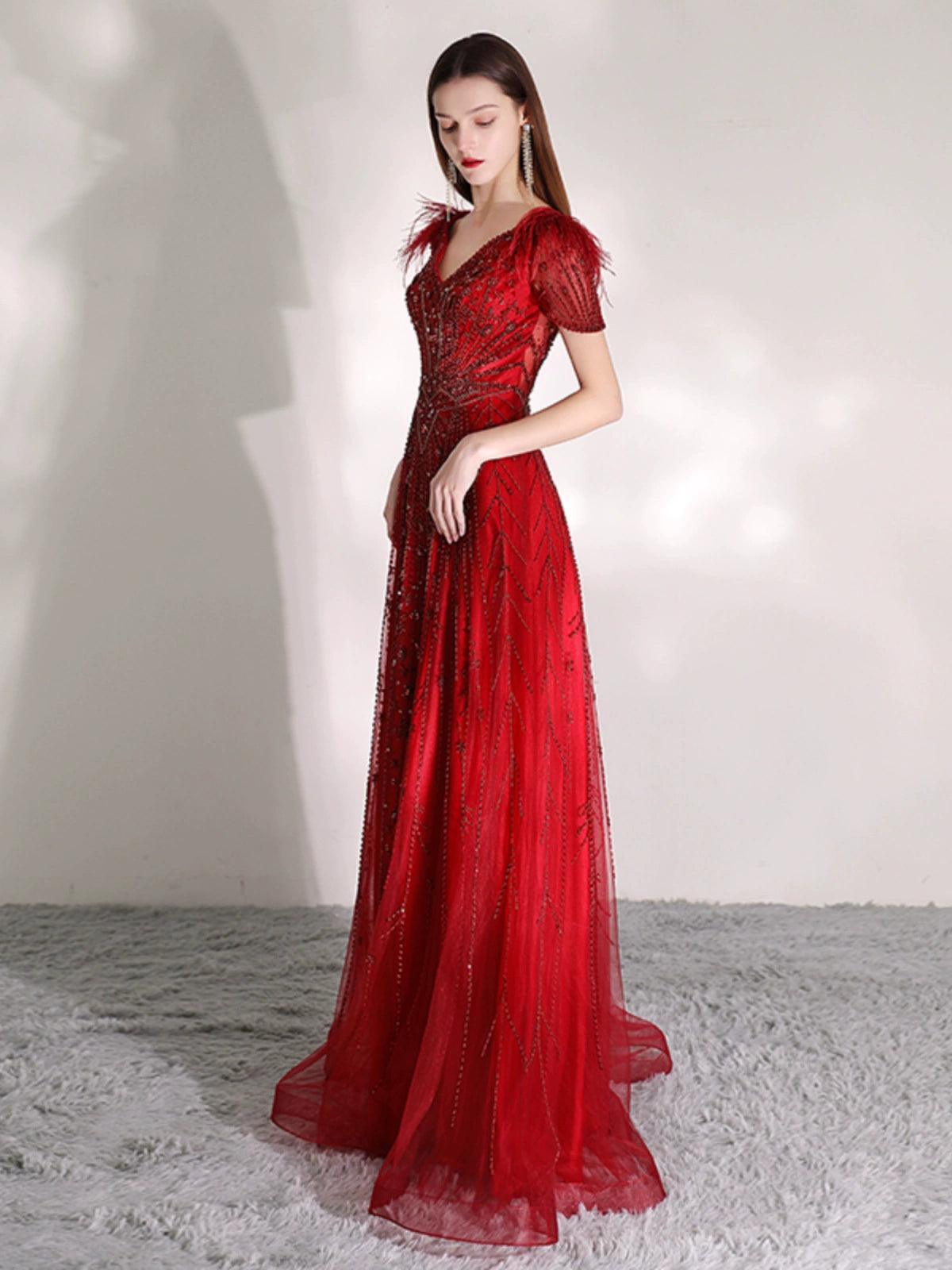 Women's A-Line Prom Dresses Long Evening Dress Beaded V-Neck Formal Dresses for Women - numbersea